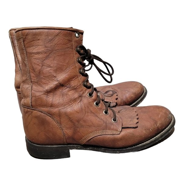 Justin Combat Boots Leather Lace Up Booties Brown Womens Sz 7B - Picture 1 of 6